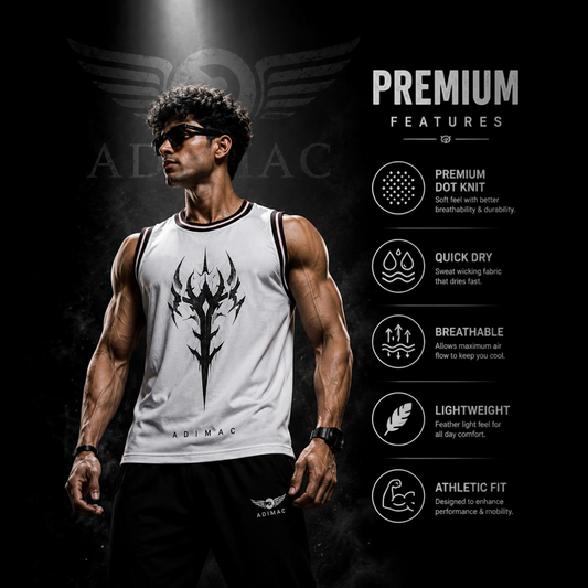 ADIMAC Men's Premium Knit Gym Tank Top | Tribal Graphic Sleeveless Vest | Athletic Workout Stringer | White