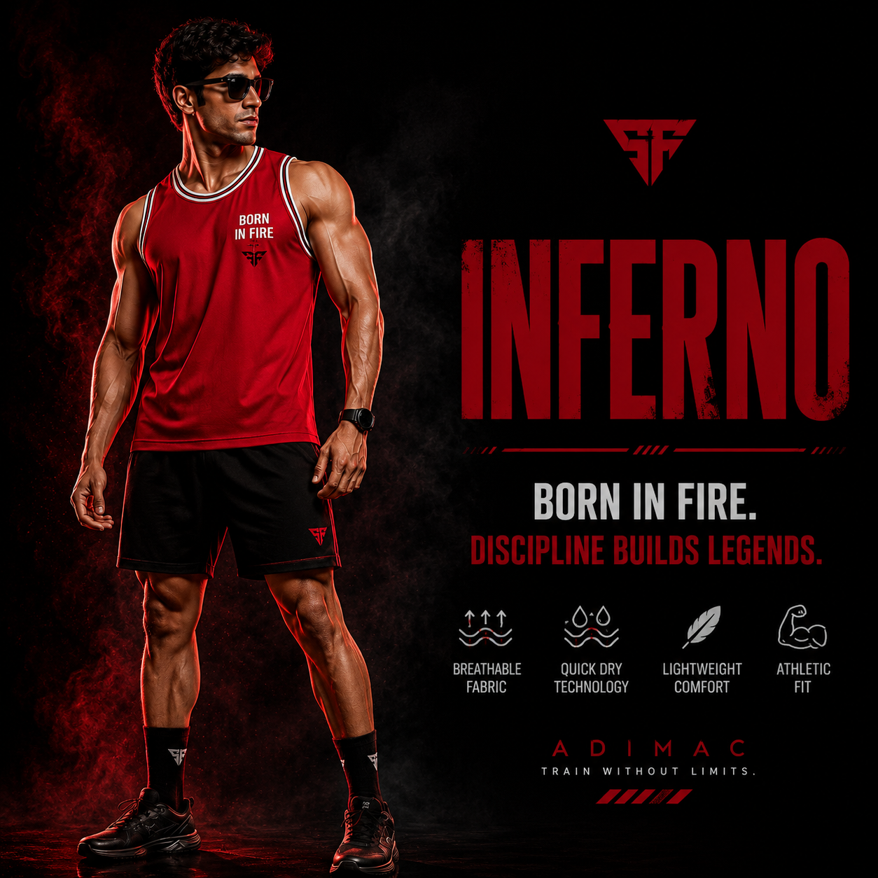 ADIMAC Inferno Born In Fire Printed Men's Gym Vest | Premium Dot Knit Sleeveless Tank Top for Workout, Running & Training