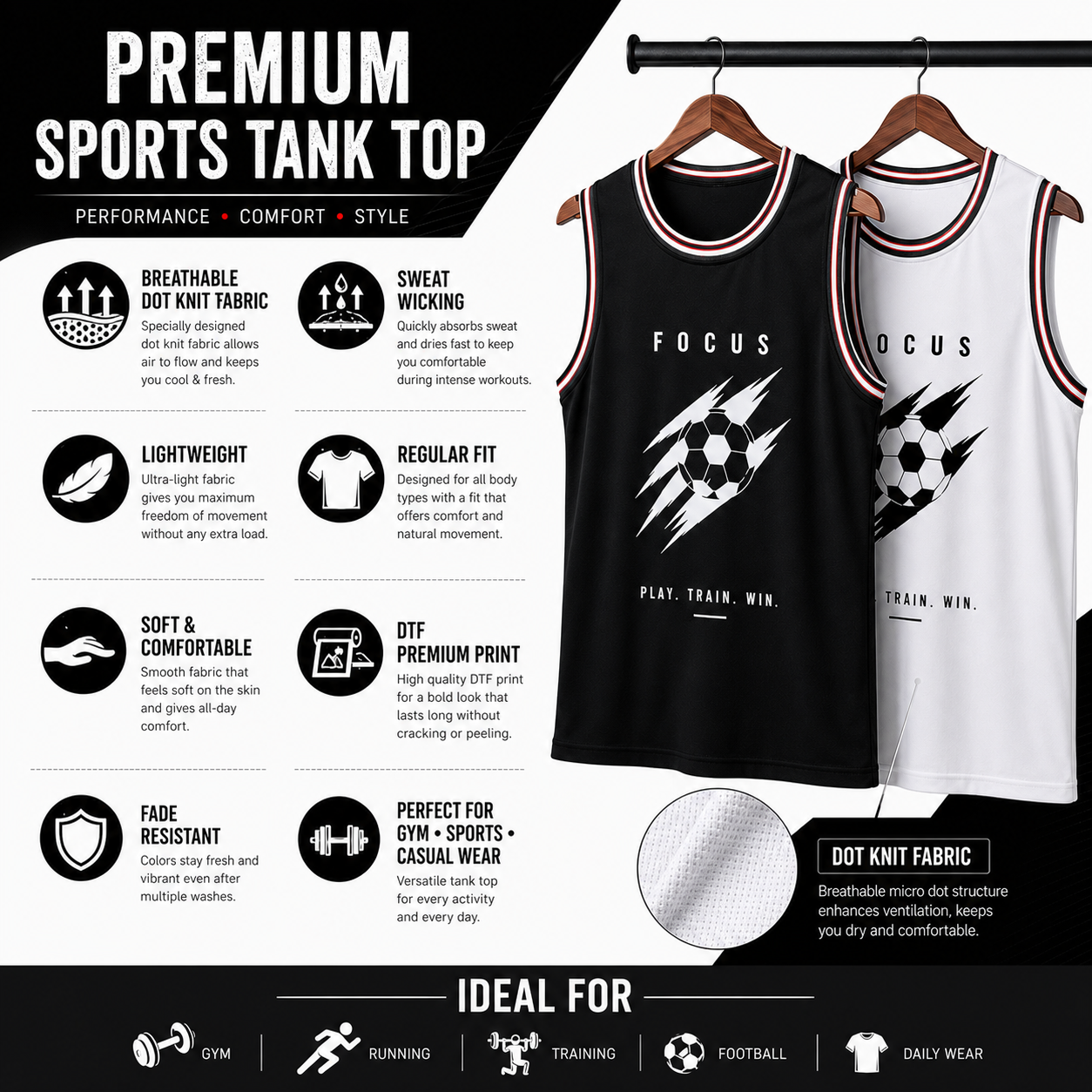 ADIMAC Men's Printed Sleeveless Sports Tank Top | Dot Knit Fabric | Gym Vest | Round Neck | Black & White | Pack of 2