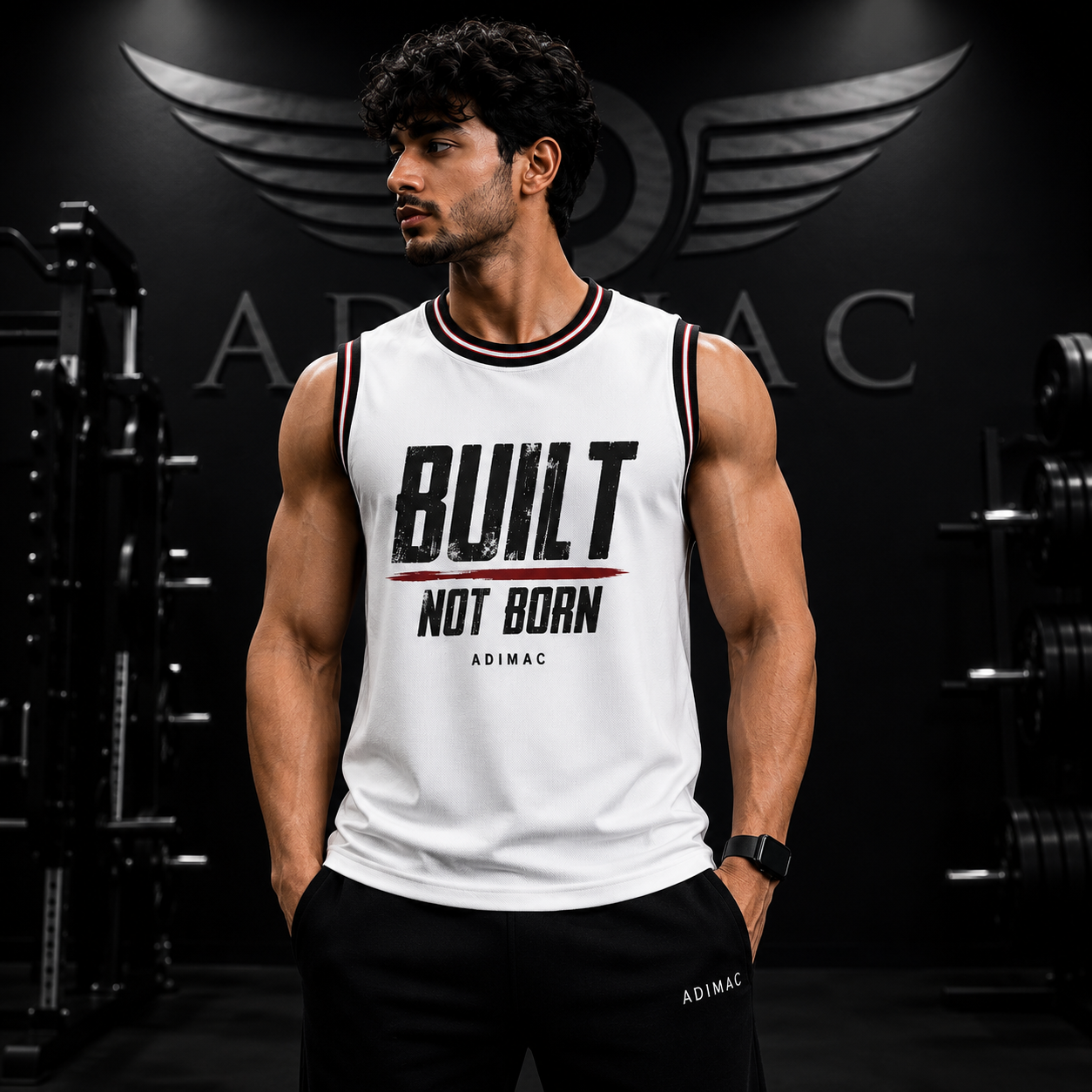 ADIMAC Built Not Born Men's Gym Tank Top | Premium Dot Knit Polyester Sleeveless Workout Vest | Quick Dry Athletic Fit