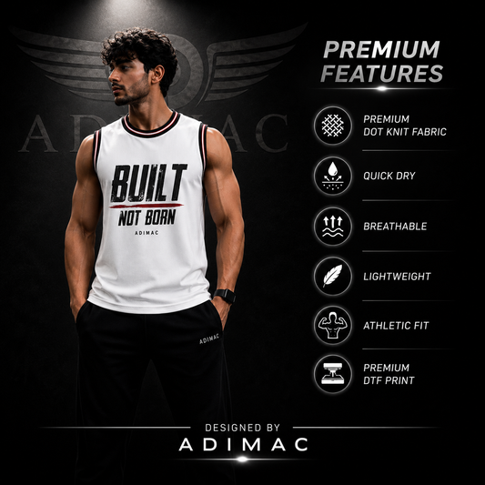 ADIMAC Built Not Born Men's Gym Tank Top | Premium Dot Knit Polyester Sleeveless Workout Vest | Quick Dry Athletic Fit
