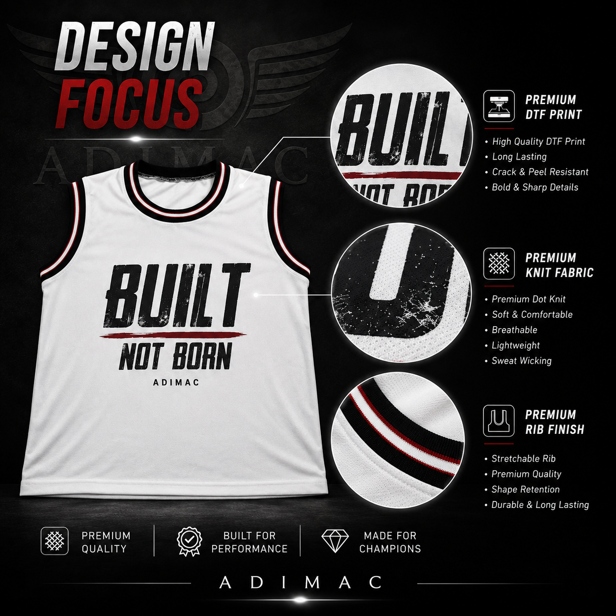 ADIMAC Built Not Born Men's Gym Tank Top | Premium Dot Knit Polyester Sleeveless Workout Vest | Quick Dry Athletic Fit