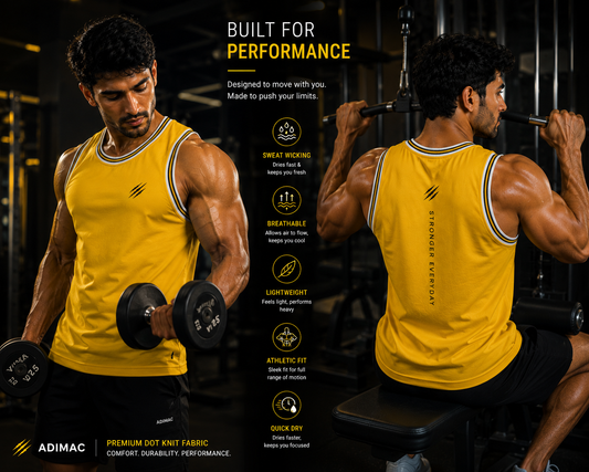ADIMAC Stronger Everyday Men's Gym Vest | Premium Dot Knit Sleeveless Tank Top | Breathable Workout & Running Vest | Yellow