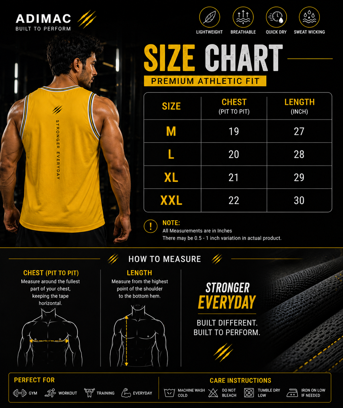 ADIMAC Stronger Everyday Men's Gym Vest | Premium Dot Knit Sleeveless Tank Top | Breathable Workout & Running Vest | Yellow