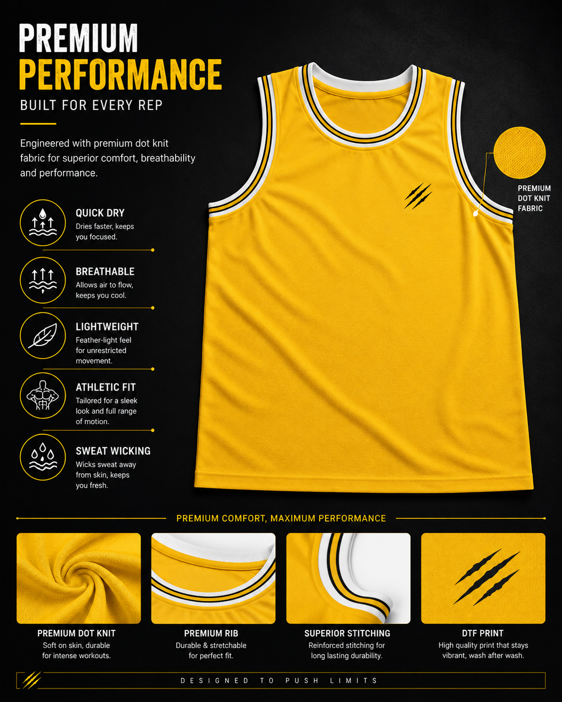 ADIMAC Stronger Everyday Men's Gym Vest | Premium Dot Knit Sleeveless Tank Top | Breathable Workout & Running Vest | Yellow