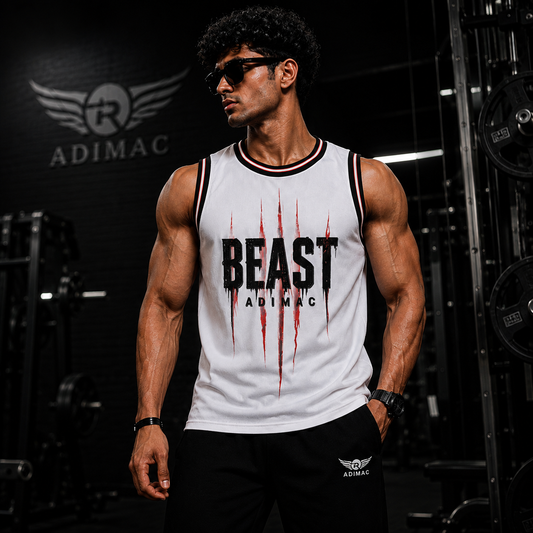 ADIMAC BEAST Men's Premium Gym Tank Top | White Sleeveless Workout Vest | Athletic Fit