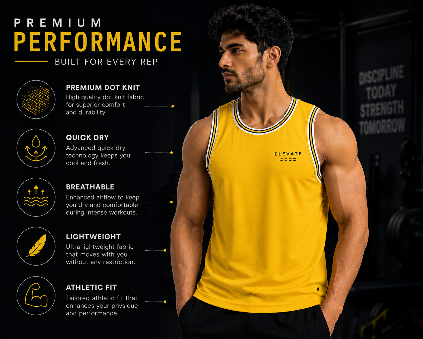 ADIMAC Stronger Everyday Men's Gym Vest | Premium Dot Knit Sleeveless Tank Top for Workout, Running & Training | Yellow