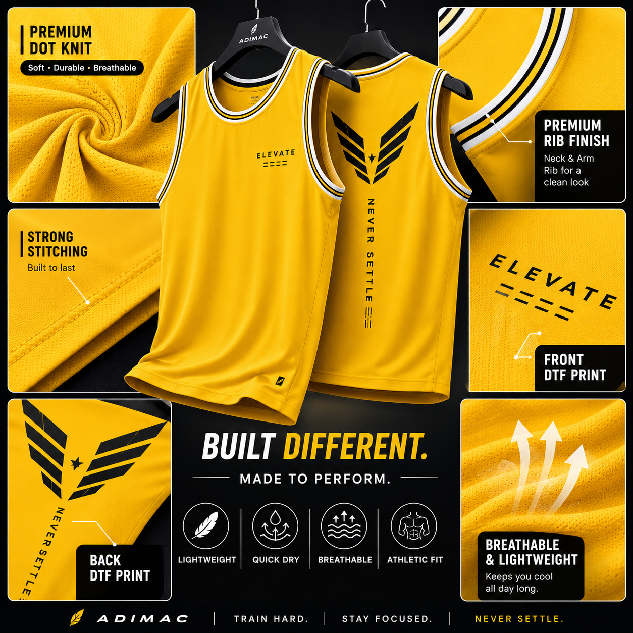 ADIMAC Stronger Everyday Men's Gym Vest | Premium Dot Knit Sleeveless Tank Top for Workout, Running & Training | Yellow