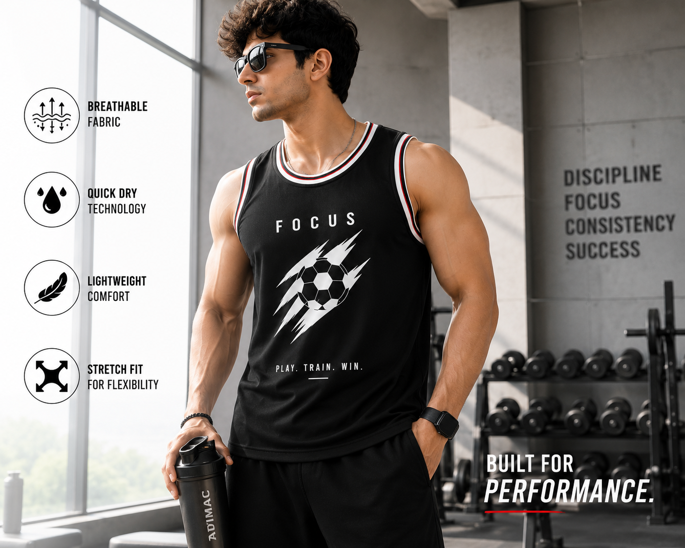 ADIMAC Men's Printed Sleeveless Sports Tank Top | Dot Knit Fabric | Gym Vest | Round Neck | Black & White | Pack of 2