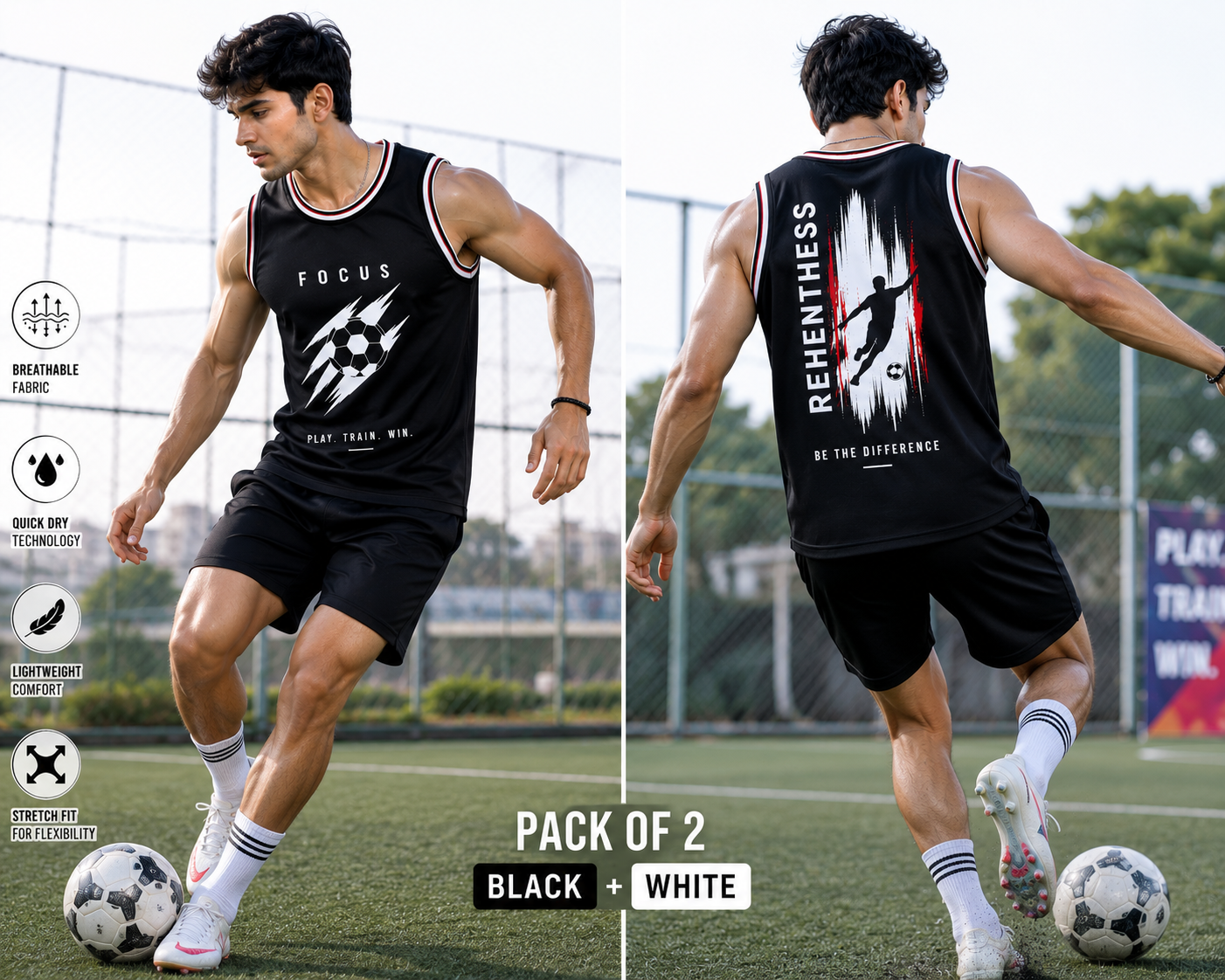 ADIMAC Men's Printed Sleeveless Sports Tank Top | Dot Knit Fabric | Gym Vest | Round Neck | Black & White | Pack of 2