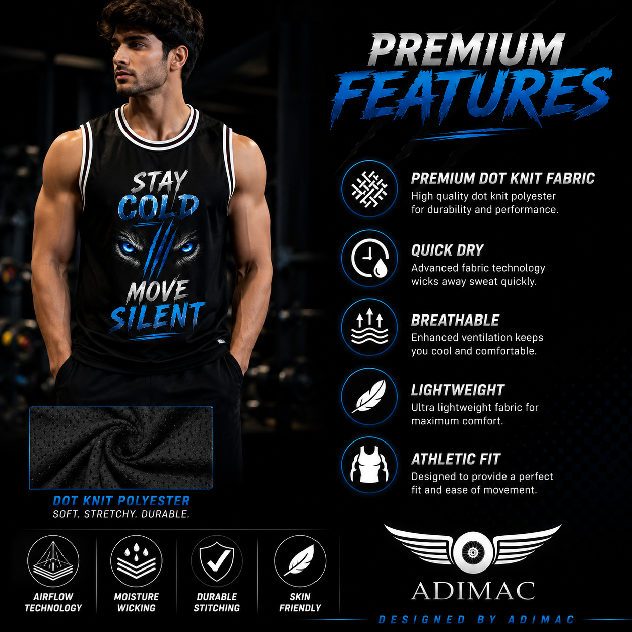 ADIMAC Stay Cold Move Silent Men's Gym Tank Top | Premium Dot Knit Polyester | Quick Dry Sleeveless Workout Vest
