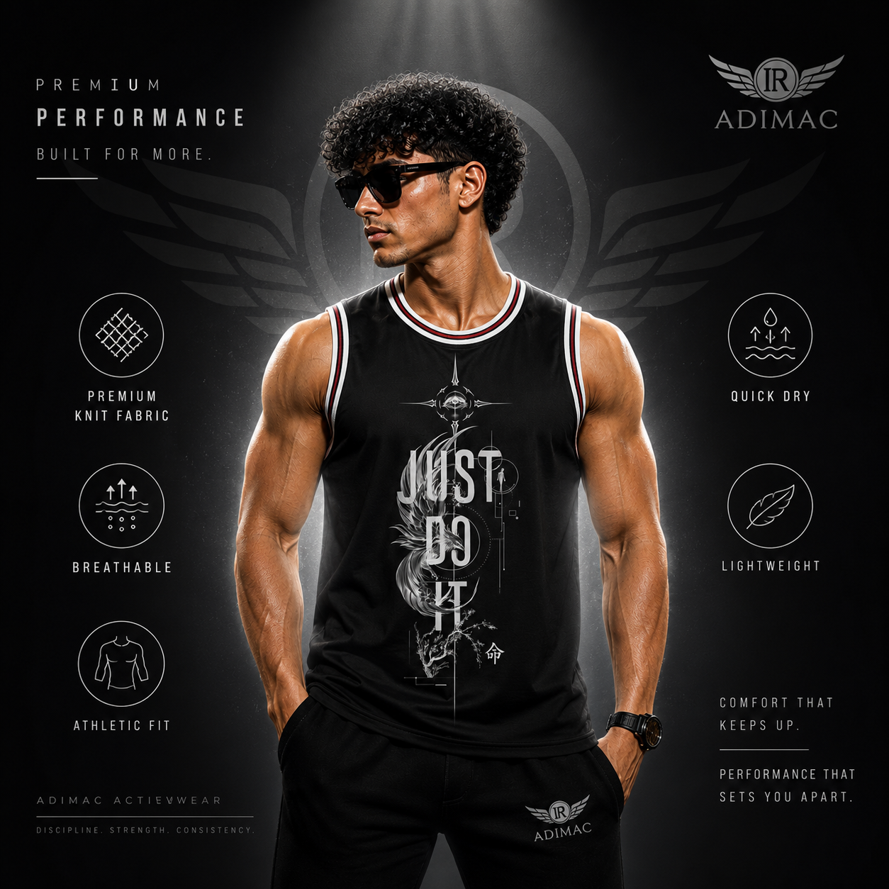 ADIMAC JUST DO IT Men's Premium Black Gym Tank Top | Sleeveless Workout Vest | Athletic Fit