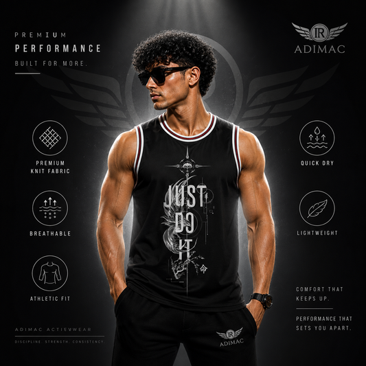ADIMAC JUST DO IT Men's Premium Black Gym Tank Top | Sleeveless Workout Vest | Athletic Fit