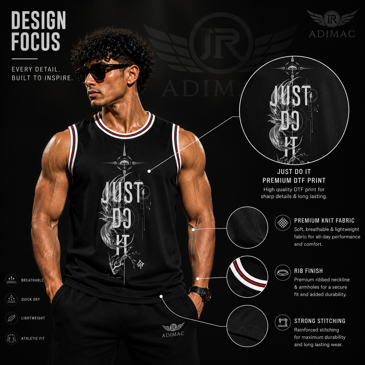 ADIMAC JUST DO IT Men's Premium Black Gym Tank Top | Sleeveless Workout Vest | Athletic Fit