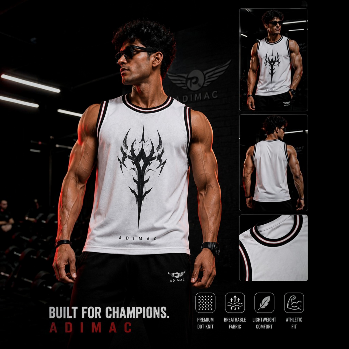 ADIMAC Men's Premium Knit Gym Tank Top | Tribal Graphic Sleeveless Vest | Athletic Workout Stringer | White