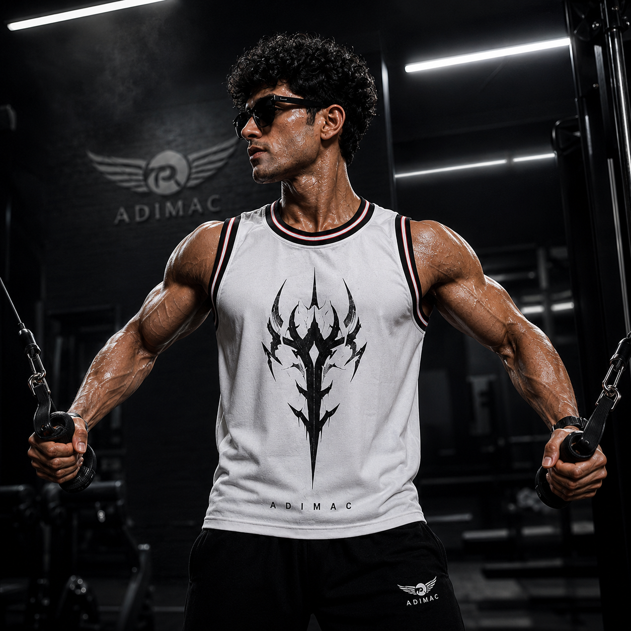 ADIMAC Men's Premium Knit Gym Tank Top | Tribal Graphic Sleeveless Vest | Athletic Workout Stringer | White