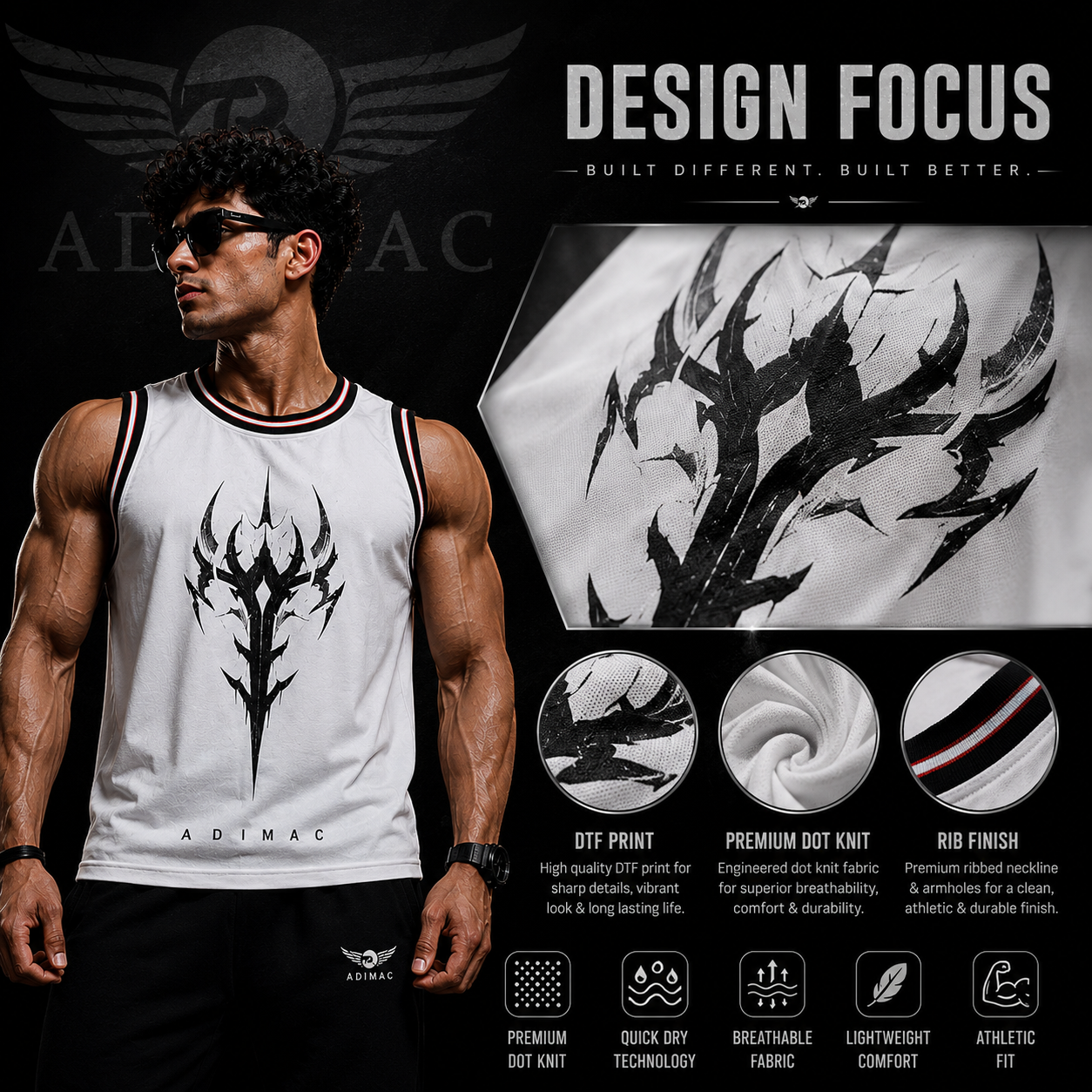 ADIMAC Men's Premium Knit Gym Tank Top | Tribal Graphic Sleeveless Vest | Athletic Workout Stringer | White
