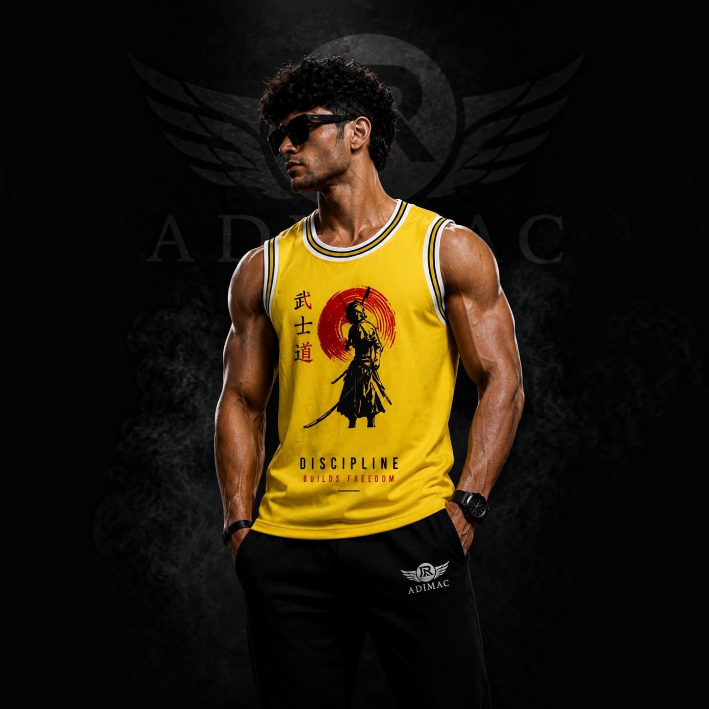 ADIMAC SAMURAI Men's Premium Gym Tank Top | Yellow Sleeveless Workout Vest | Athletic Fit