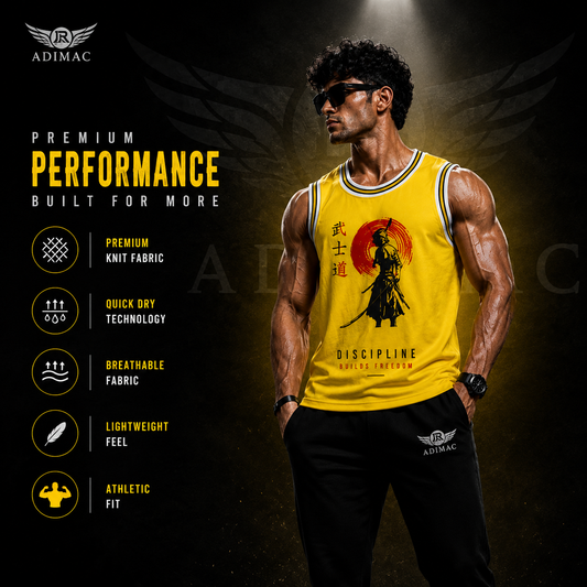 ADIMAC SAMURAI Men's Premium Gym Tank Top | Yellow Sleeveless Workout Vest | Athletic Fit