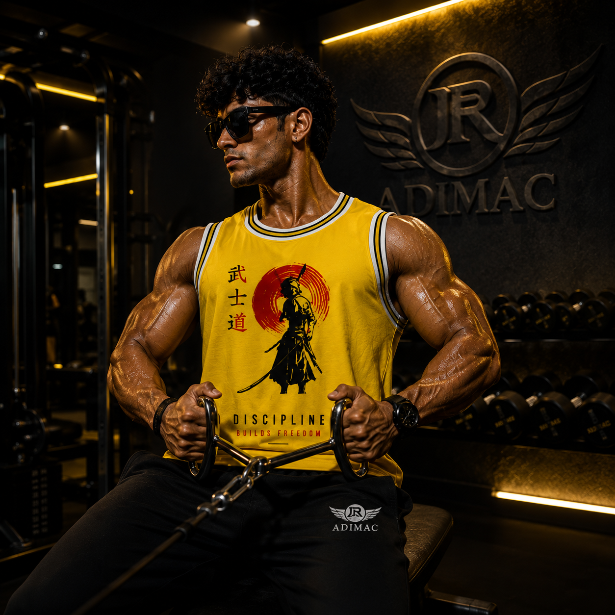 ADIMAC SAMURAI Men's Premium Gym Tank Top | Yellow Sleeveless Workout Vest | Athletic Fit