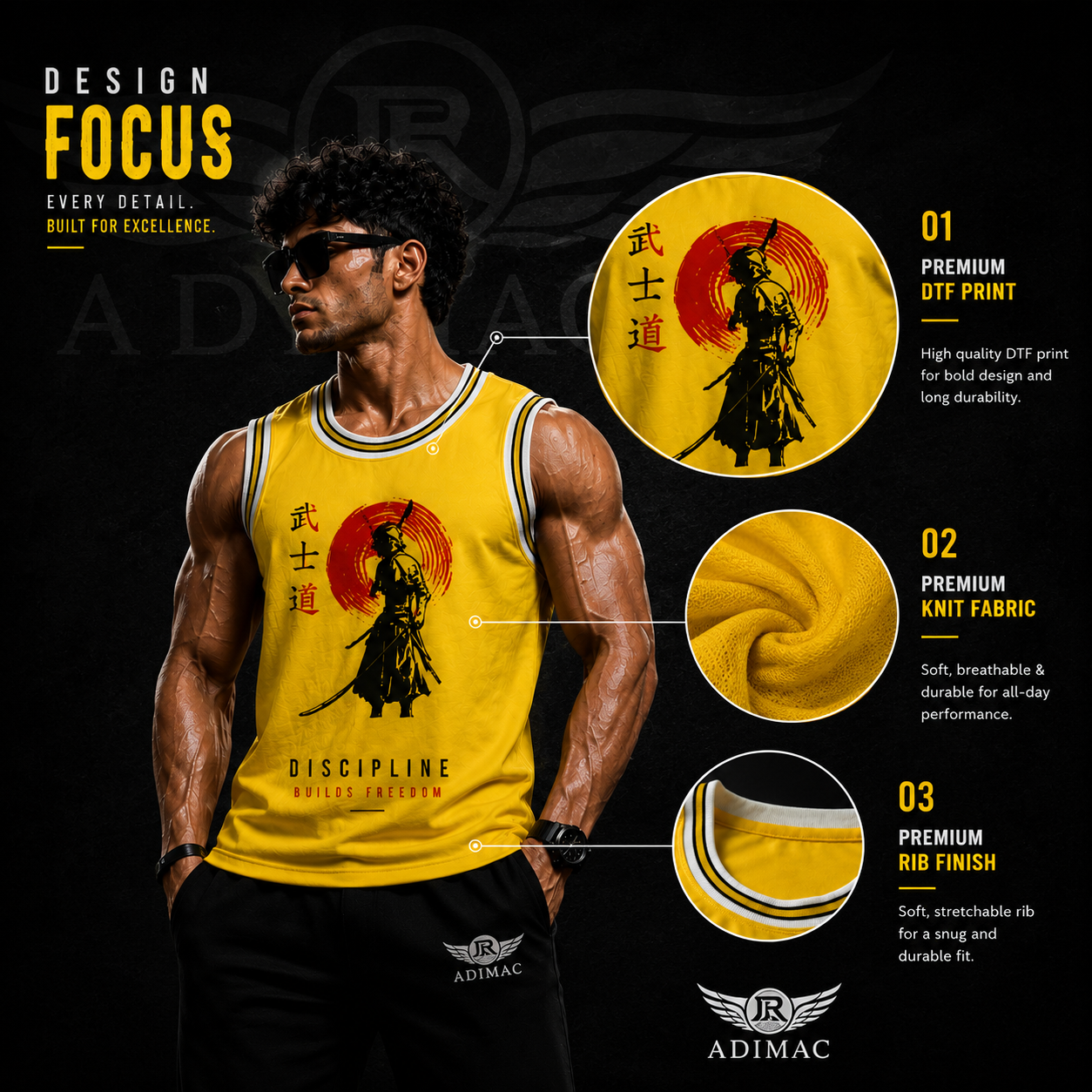 ADIMAC SAMURAI Men's Premium Gym Tank Top | Yellow Sleeveless Workout Vest | Athletic Fit