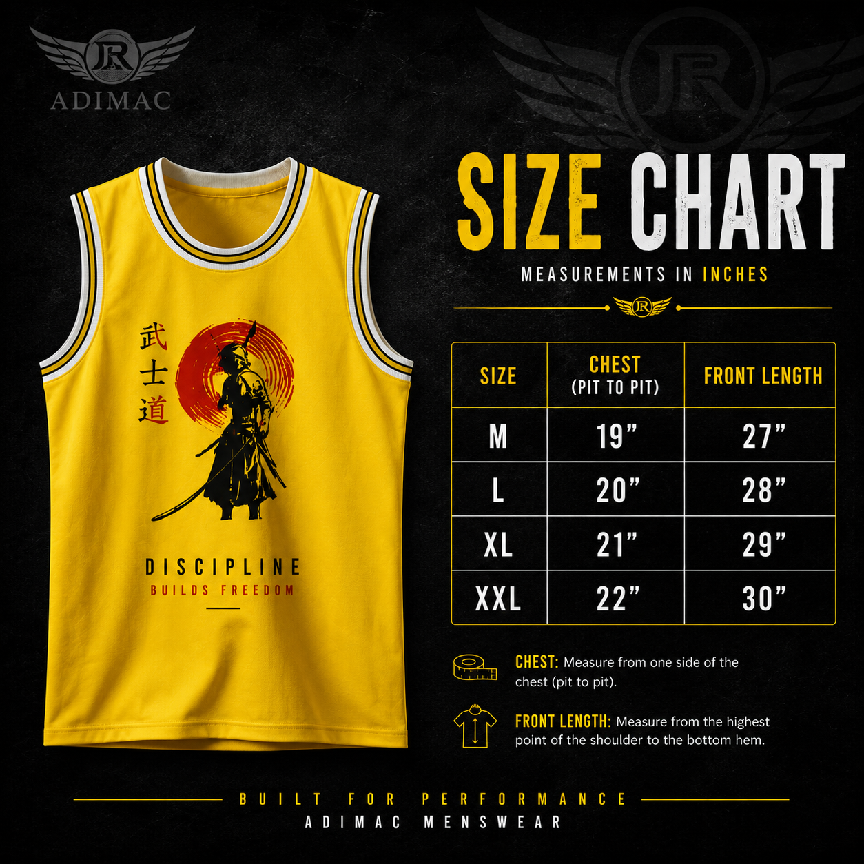 ADIMAC SAMURAI Men's Premium Gym Tank Top | Yellow Sleeveless Workout Vest | Athletic Fit