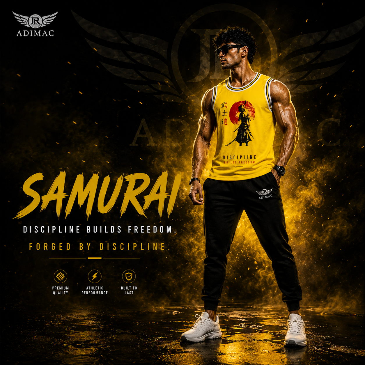 ADIMAC SAMURAI Men's Premium Gym Tank Top | Yellow Sleeveless Workout Vest | Athletic Fit