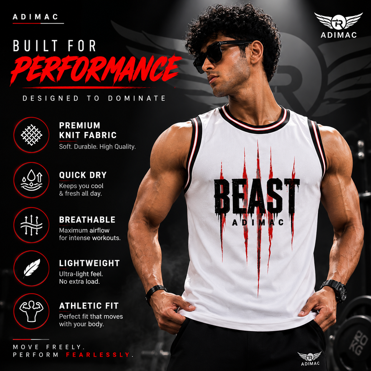 ADIMAC BEAST Men's Premium Gym Tank Top | White Sleeveless Workout Vest | Athletic Fit
