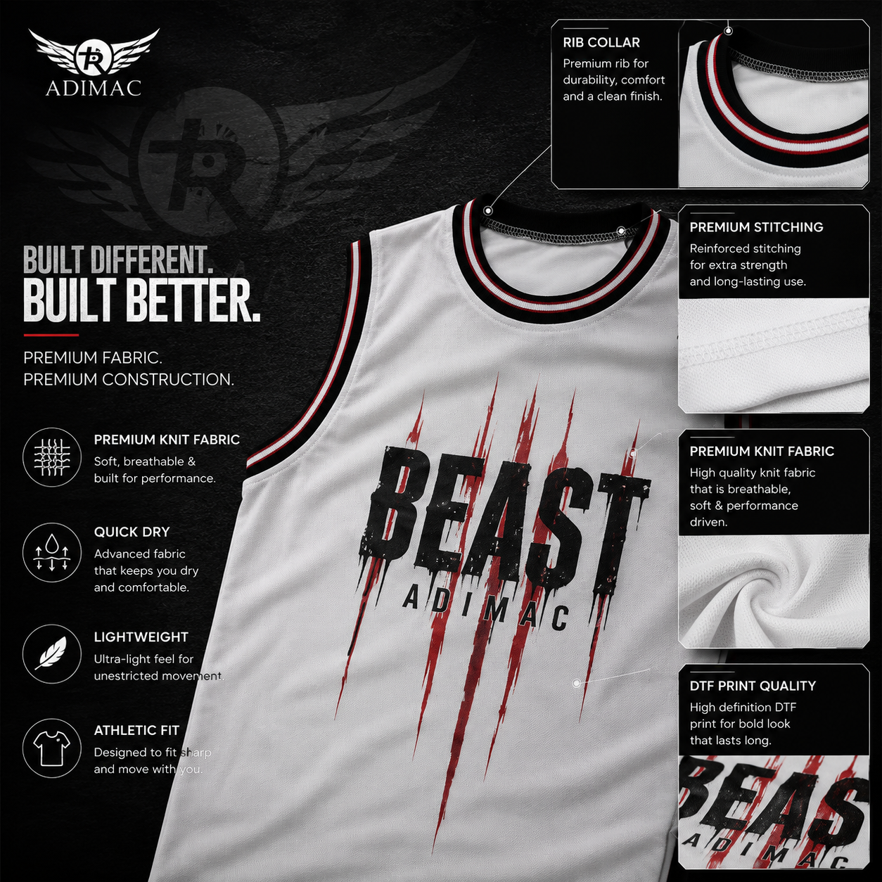 ADIMAC BEAST Men's Premium Gym Tank Top | White Sleeveless Workout Vest | Athletic Fit