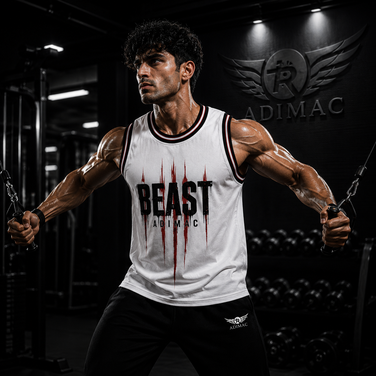 ADIMAC BEAST Men's Premium Gym Tank Top | White Sleeveless Workout Vest | Athletic Fit
