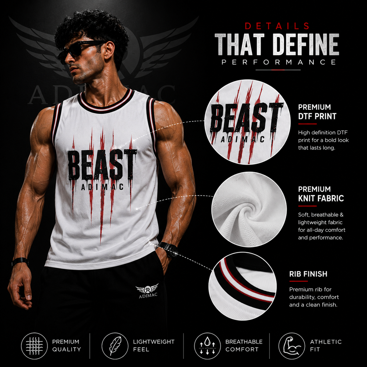 ADIMAC BEAST Men's Premium Gym Tank Top | White Sleeveless Workout Vest | Athletic Fit