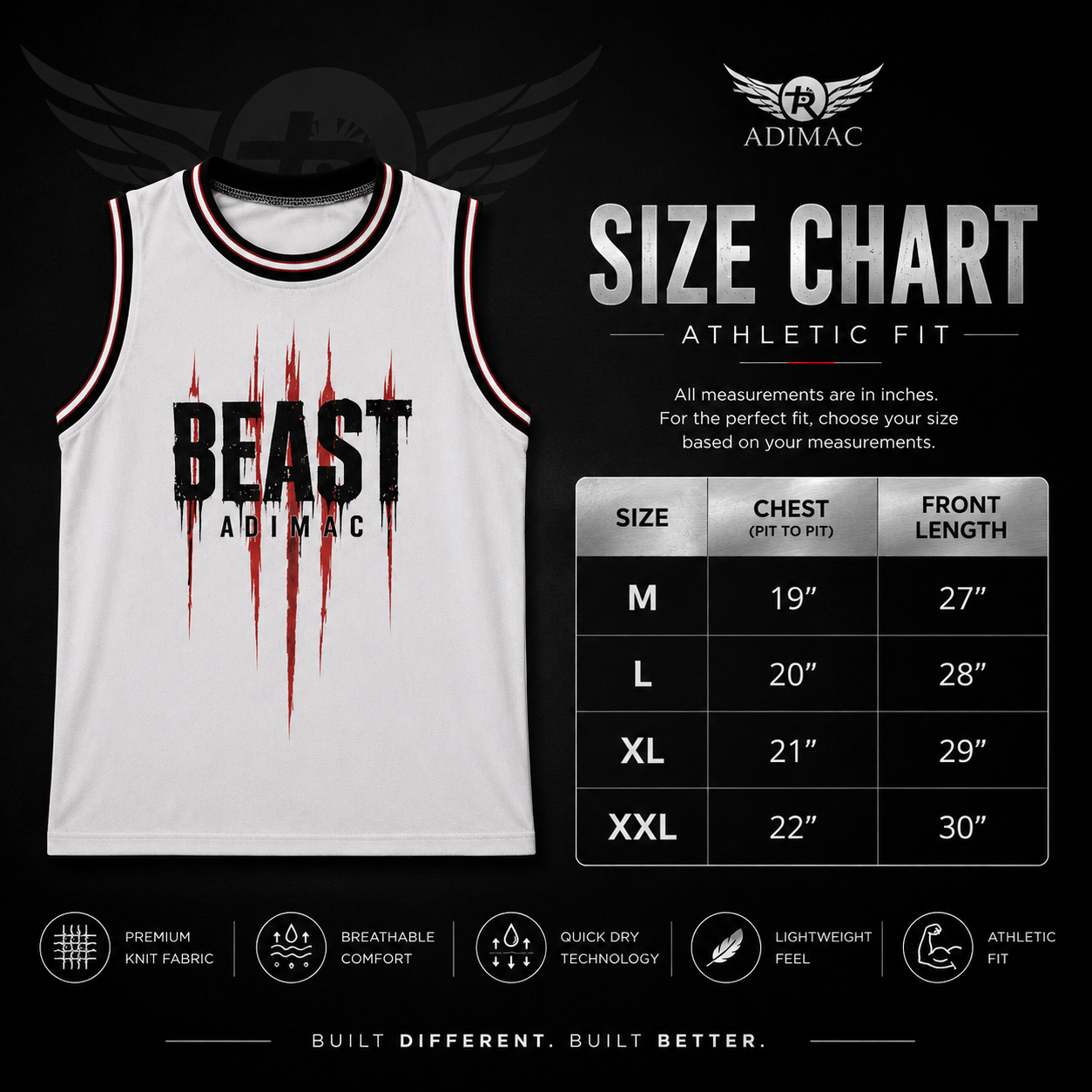 ADIMAC BEAST Men's Premium Gym Tank Top | White Sleeveless Workout Vest | Athletic Fit