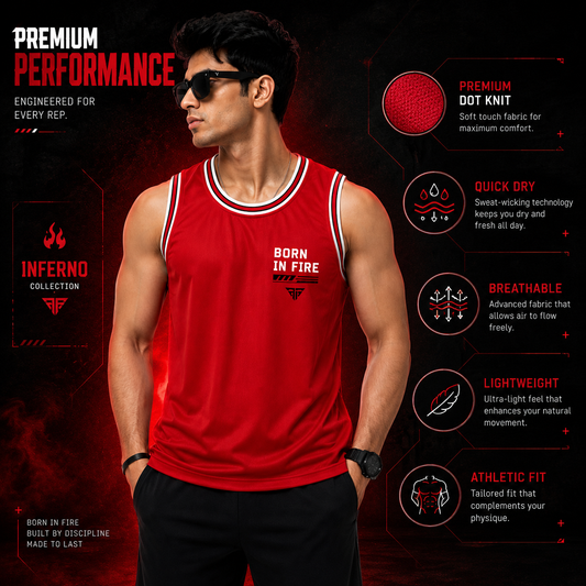 ADIMAC Inferno Born In Fire Printed Men's Gym Vest | Premium Dot Knit Sleeveless Tank Top for Workout, Running & Training