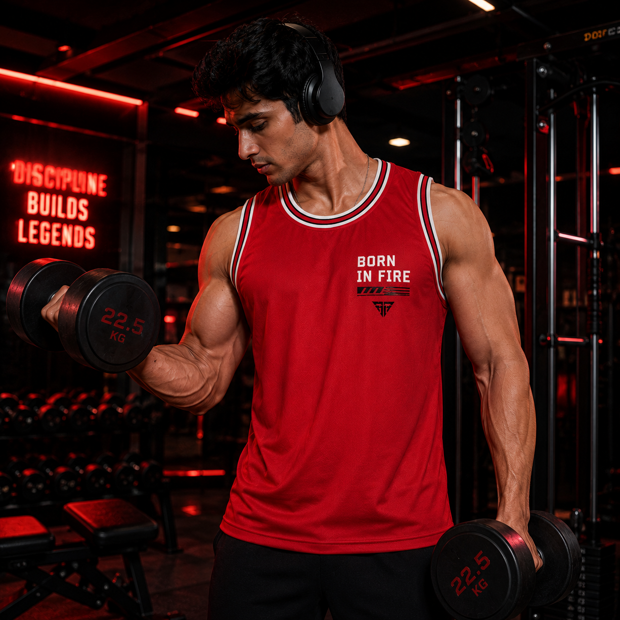 ADIMAC Inferno Born In Fire Printed Men's Gym Vest | Premium Dot Knit Sleeveless Tank Top for Workout, Running & Training
